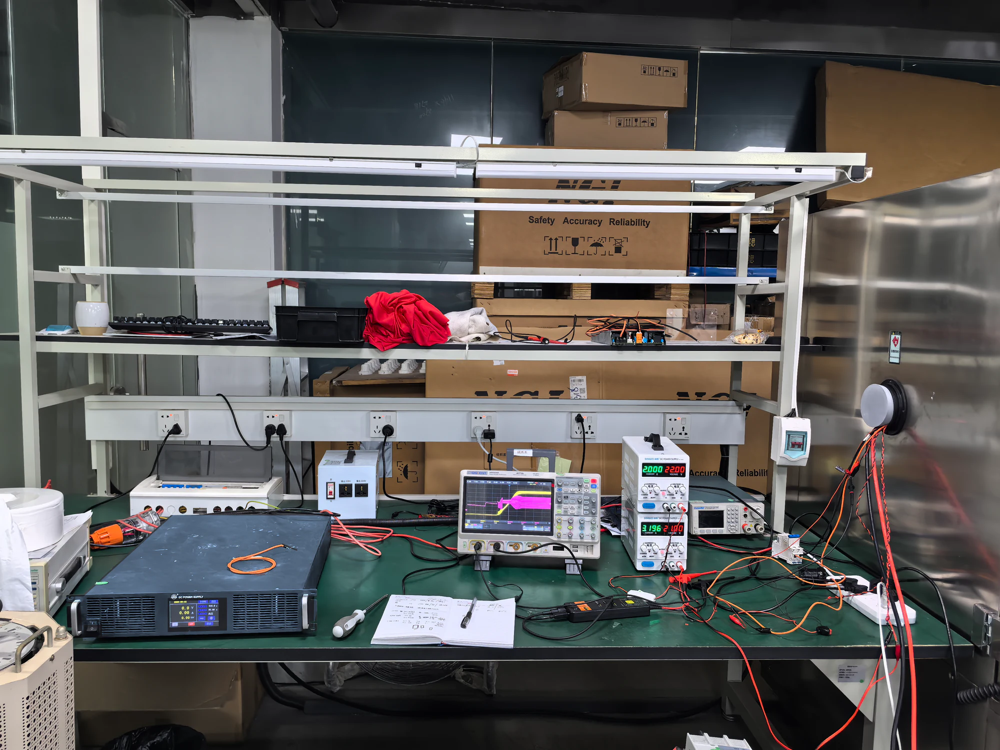 Workbench with electrical measurement instruments and equipment