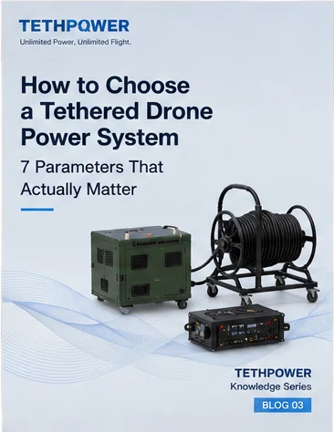 Ground power unit, cable reel and airborne converter used to size a tethered drone power system.