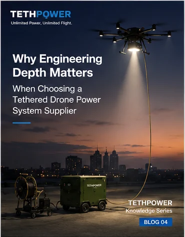 High-power tethered UAV system combining ground power, cable management and airborne operation.