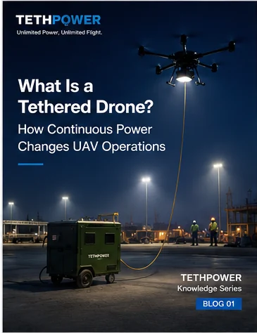 Tethered UAV hovering above a ground power station during a long-duration night operation.