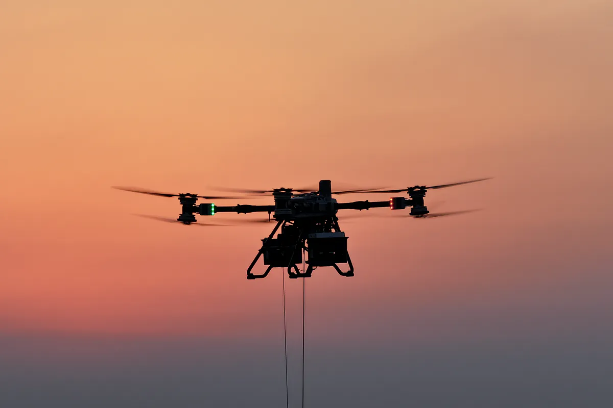Drone lourd filaire maintenant sa position au coucher du soleil