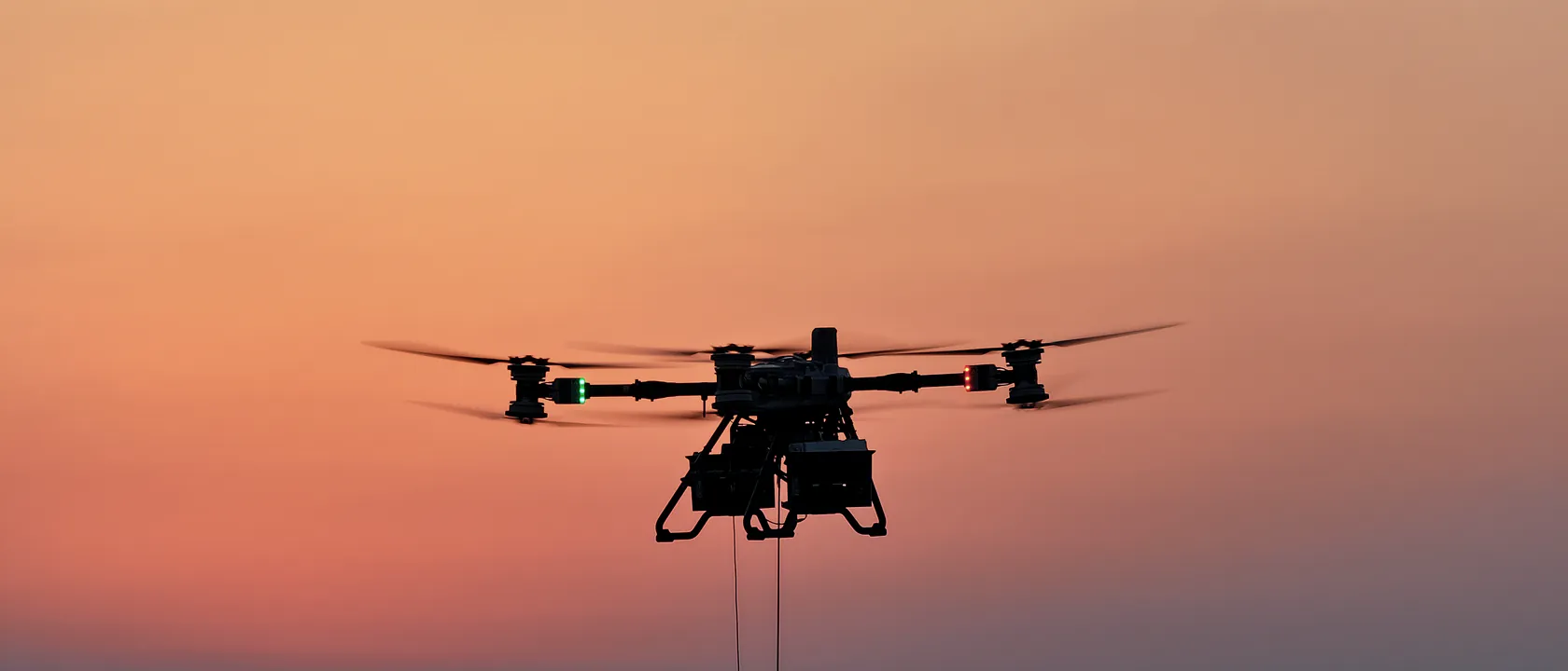 Tethered heavy-lift drone holding position at sunset