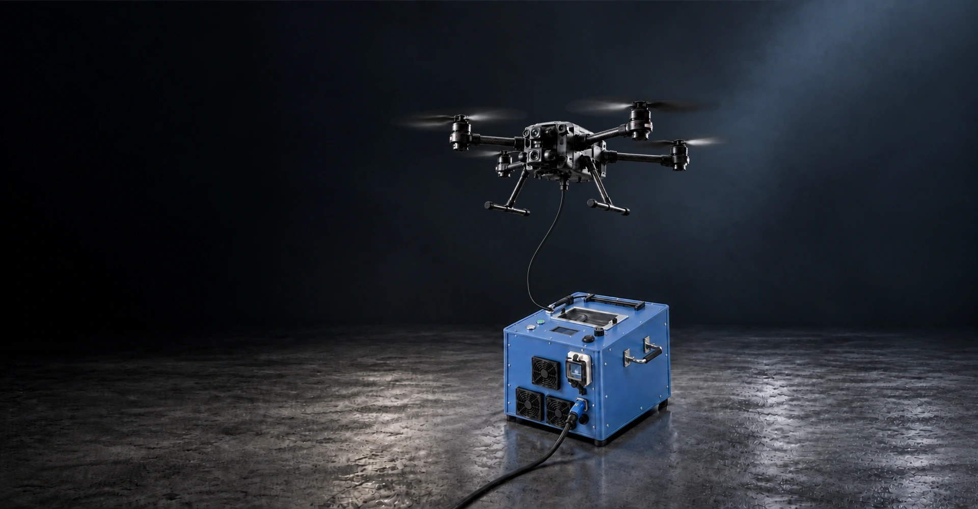 Industrial drone connected to a blue ground power station