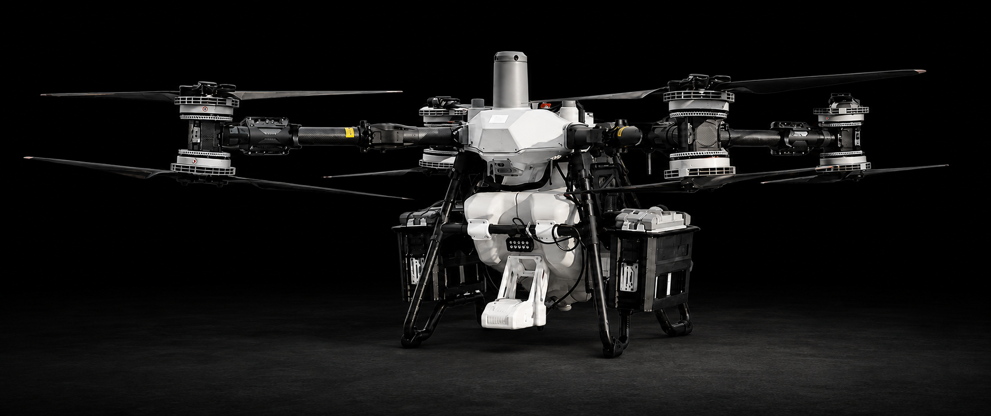 Heavy-lift industrial multirotor drone viewed from the front