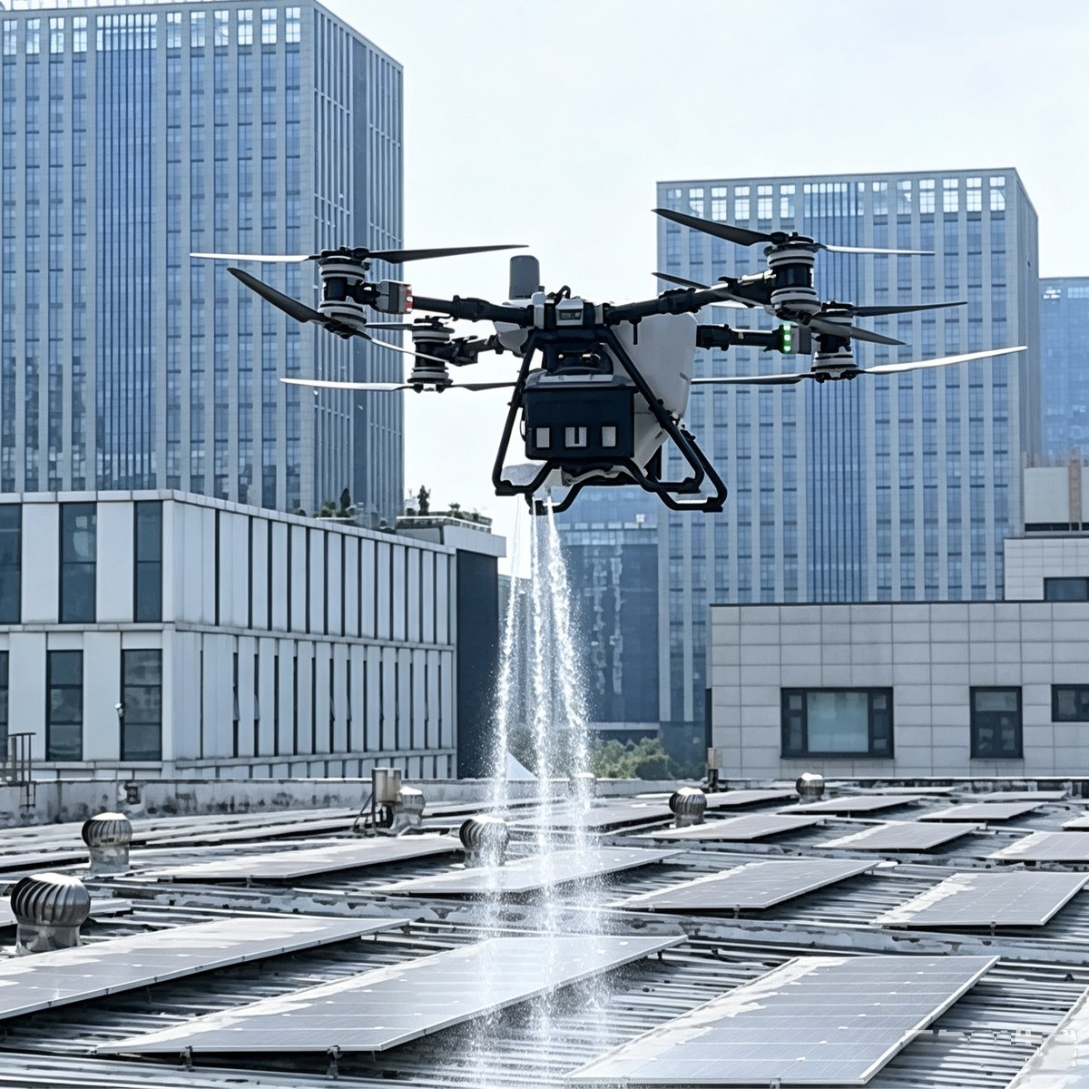 Industrial UAV operating above rooftop solar panels