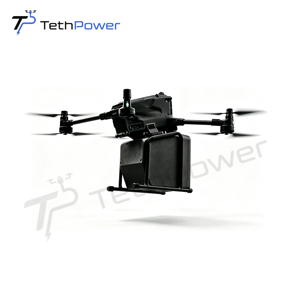 TethPower TP-M400 Transport Case mounted below a DJI Matrice 400