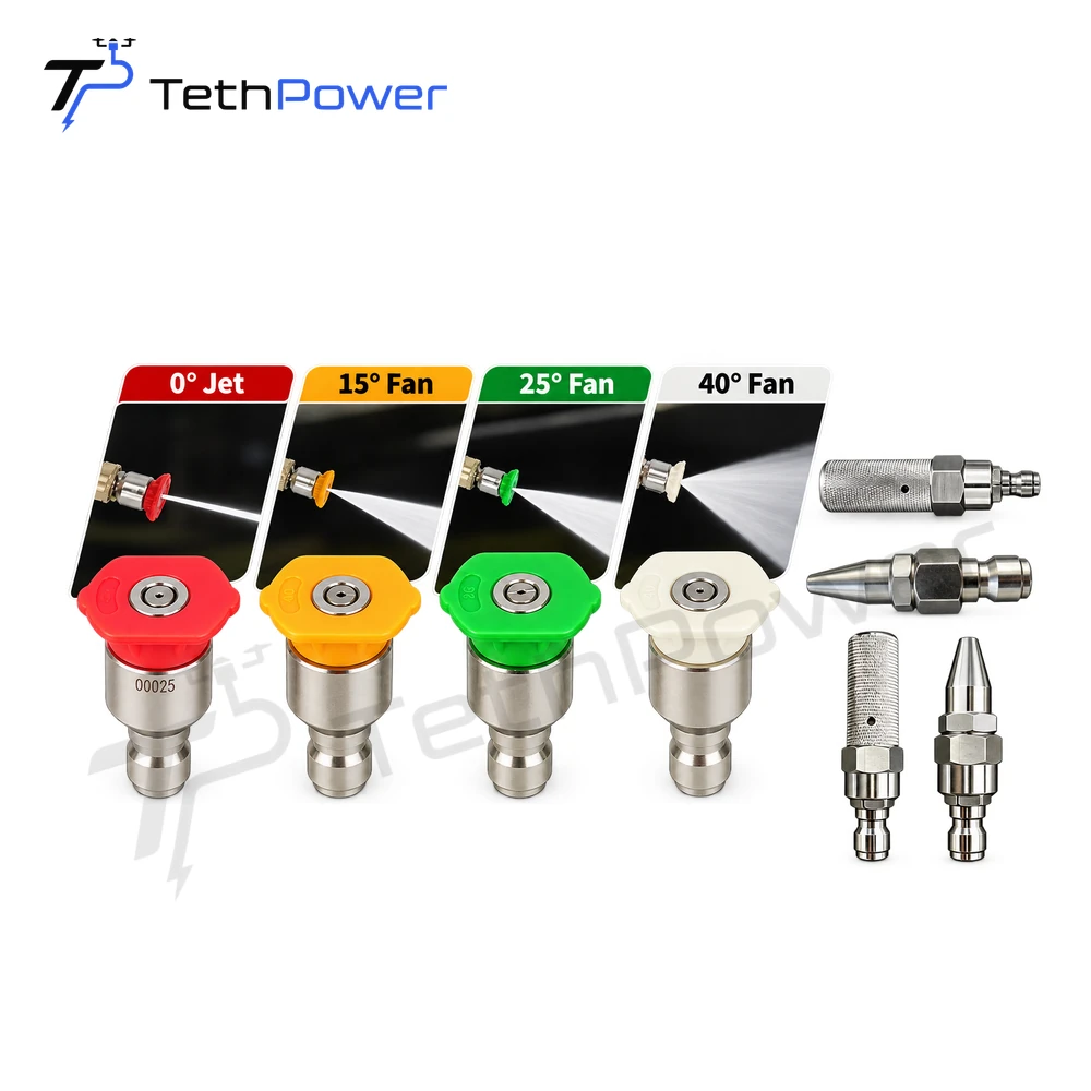TethPower TP-SG cleaning nozzle accessories with four-color spray tips and stainless-steel nozzle variants
