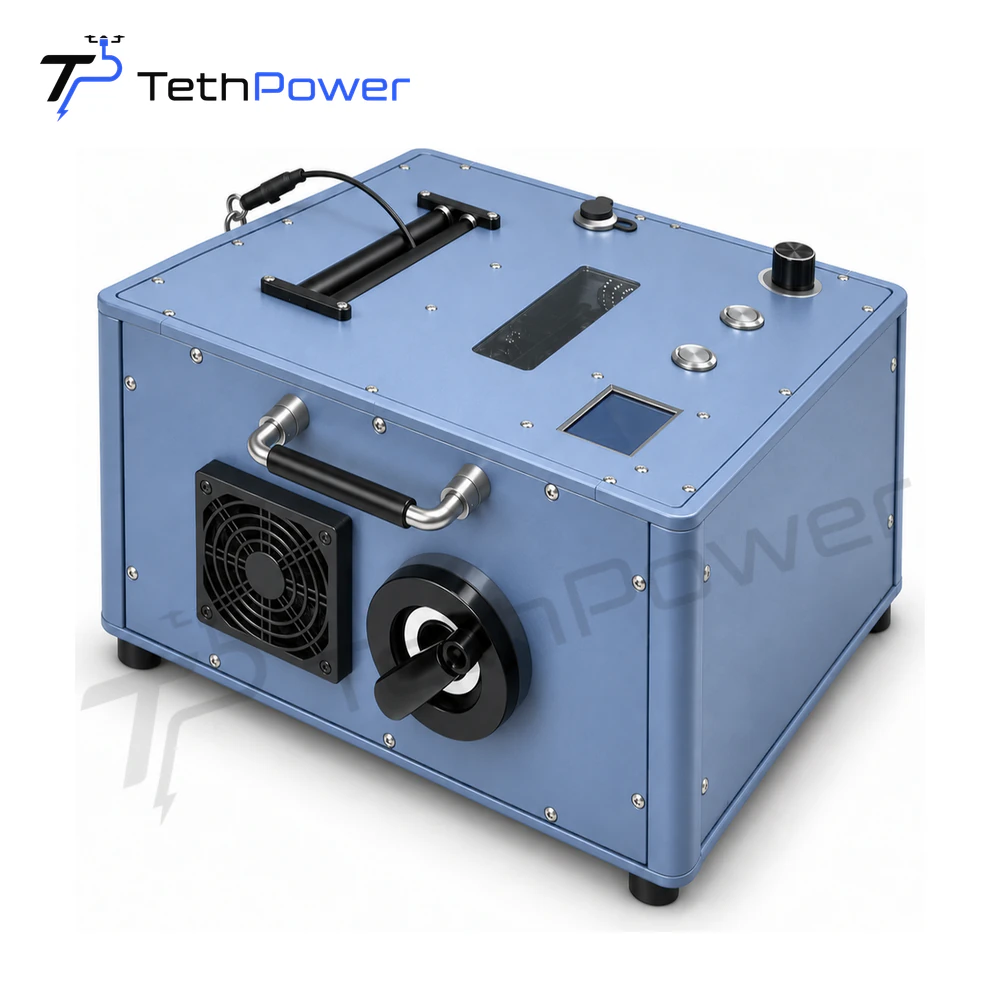TethPower TP-T4 RAL 5014 Pigeon Blue ground power station in three-quarter view