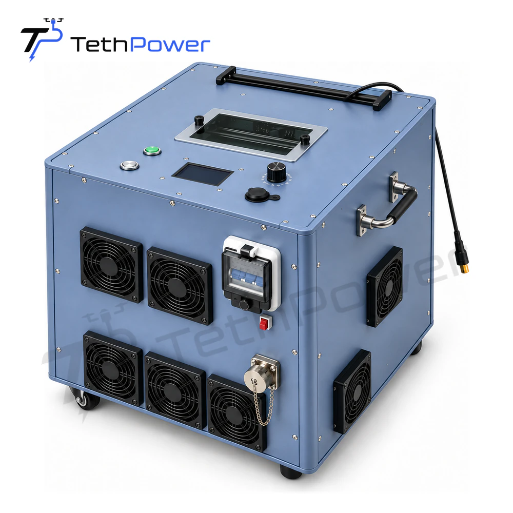TethPower TP-T16 RAL 5014 Pigeon Blue ground power station in three-quarter view