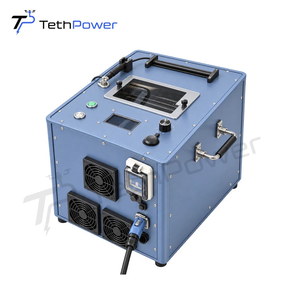 TethPower TP-T7 RAL 5014 Pigeon Blue ground power station in three-quarter view