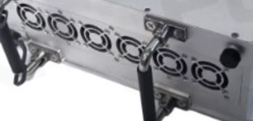 Airborne DC DC power module cooling and connector detail for a DJI FC100 tethered cleaning drone.