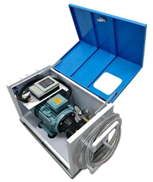 Ground high-pressure water pump for tethered drone facade cleaning.