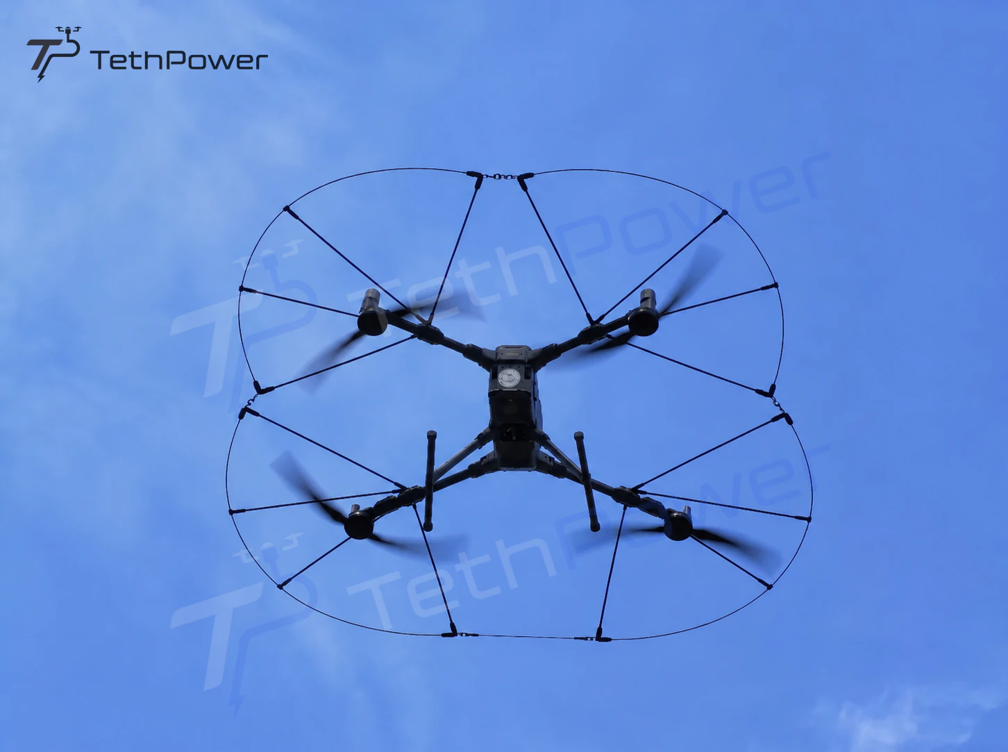 DJI Matrice 400 в полёте с защитой по полному периметру воздушных винтов на фоне голубого неба.
