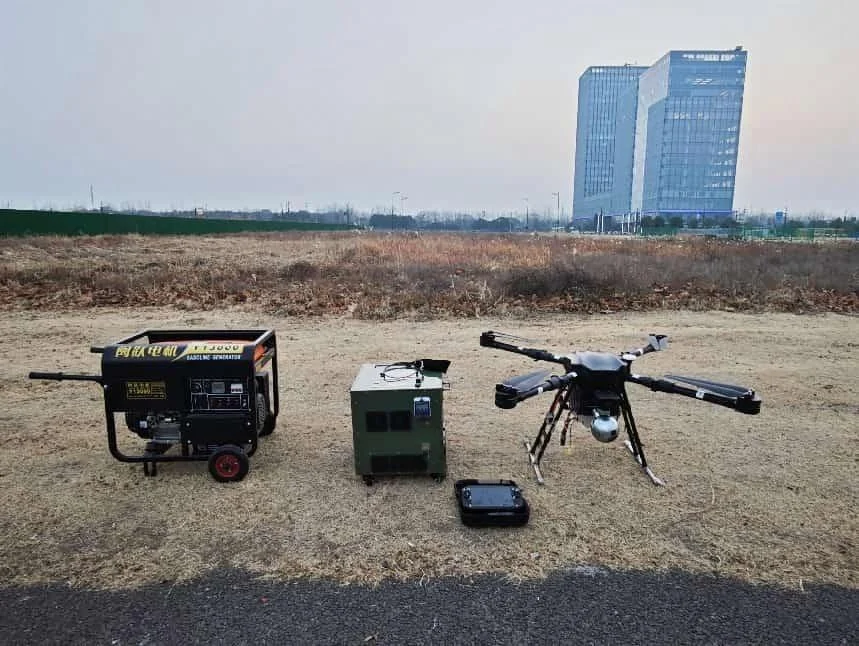 Fiber-optic tethered surveillance drone field deployment with generator and ground power station.