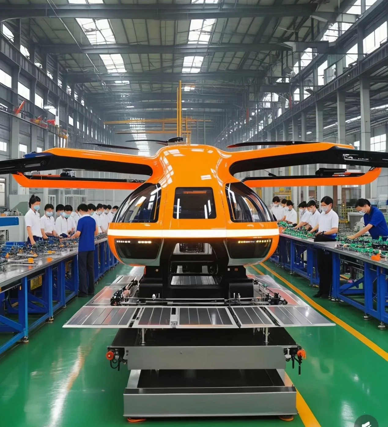 Lightweight eVTOL aircraft in a factory for tethered hover and propulsion testing.